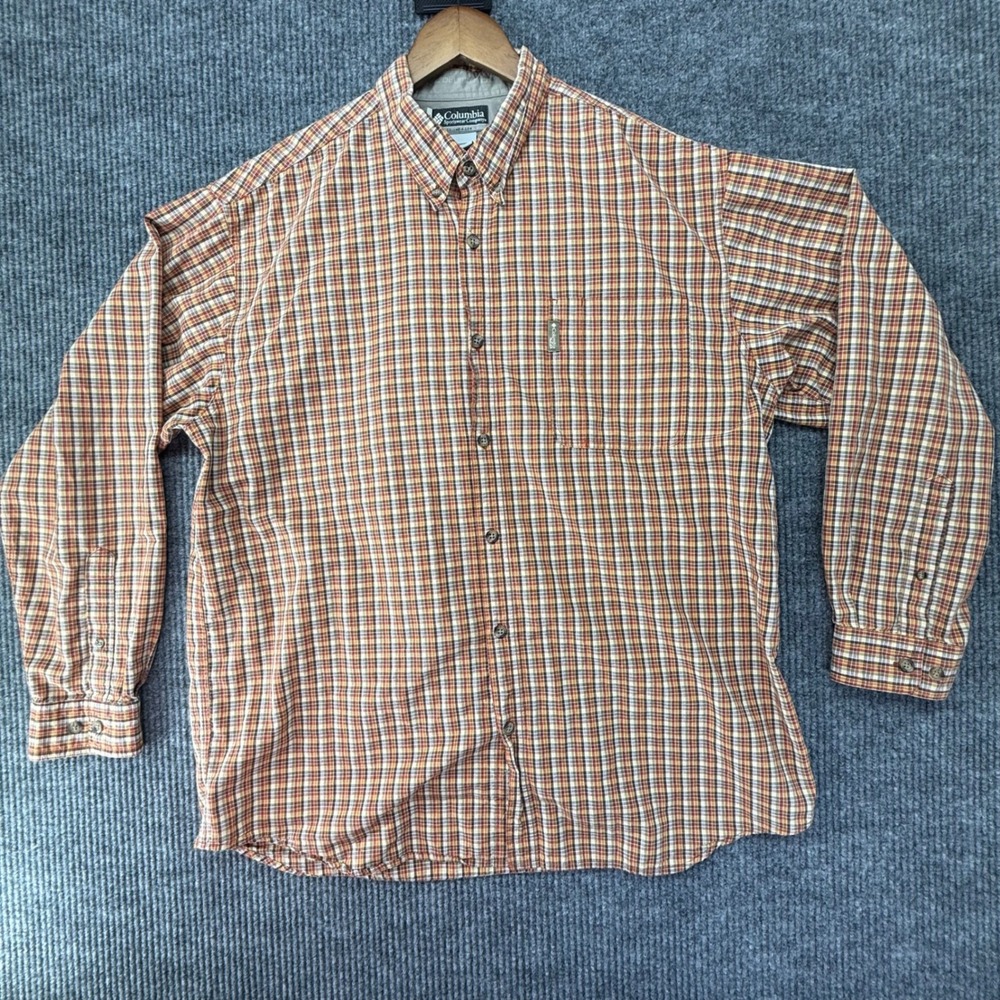 Columbia XCO Mens XL Orange Brown‎ Plaid Long Sleeve Button Down Shirt Hiking